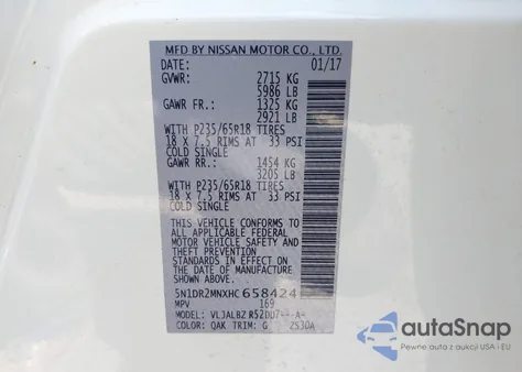 2017 Nissan Pathfinder S z USA, uszkodzony, nr VIN 5N1DR2MNXHC658424